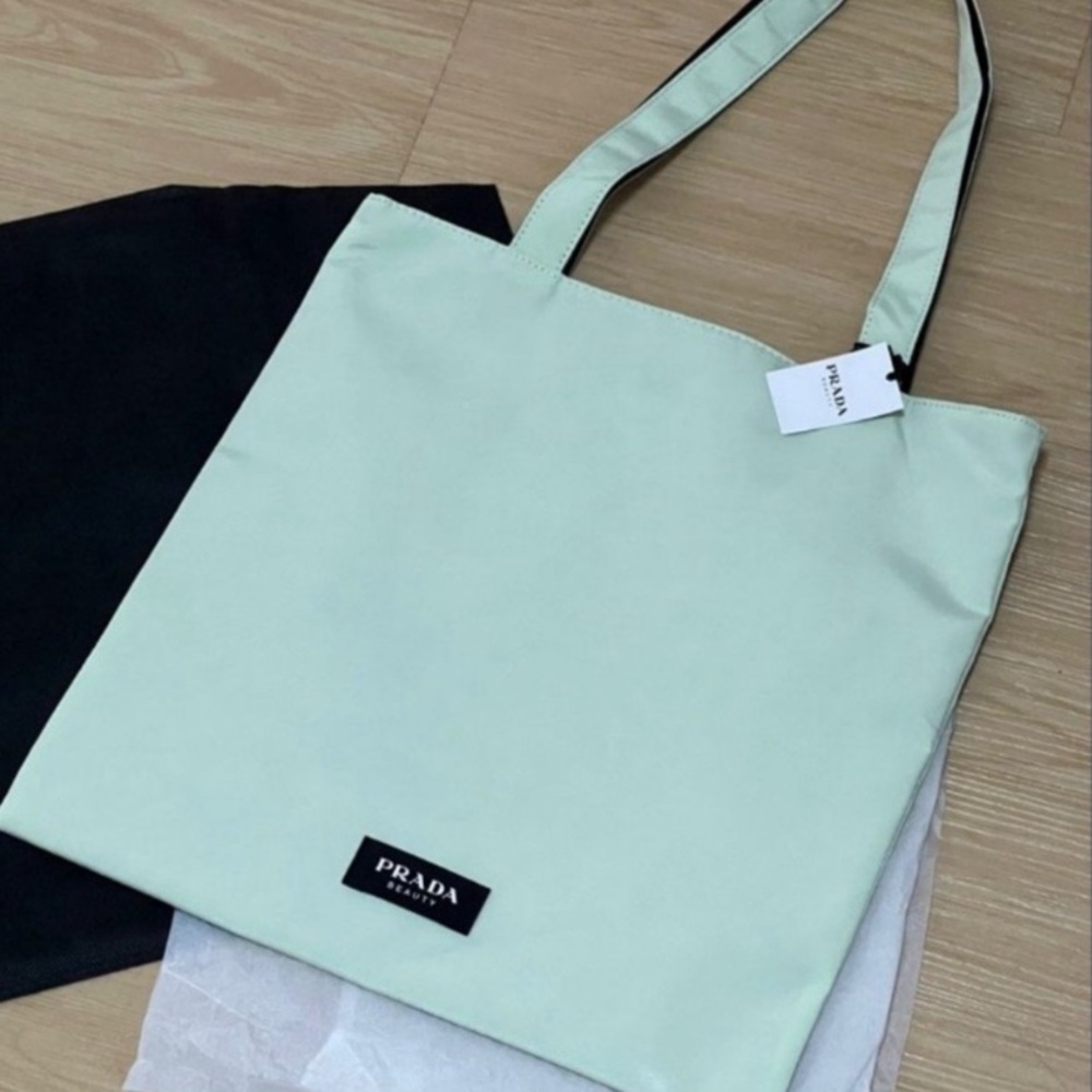 PRADA REVERSIBLE Light Green BLACK Tote Bag Logo mint purse canvas - Picture 3 of 3